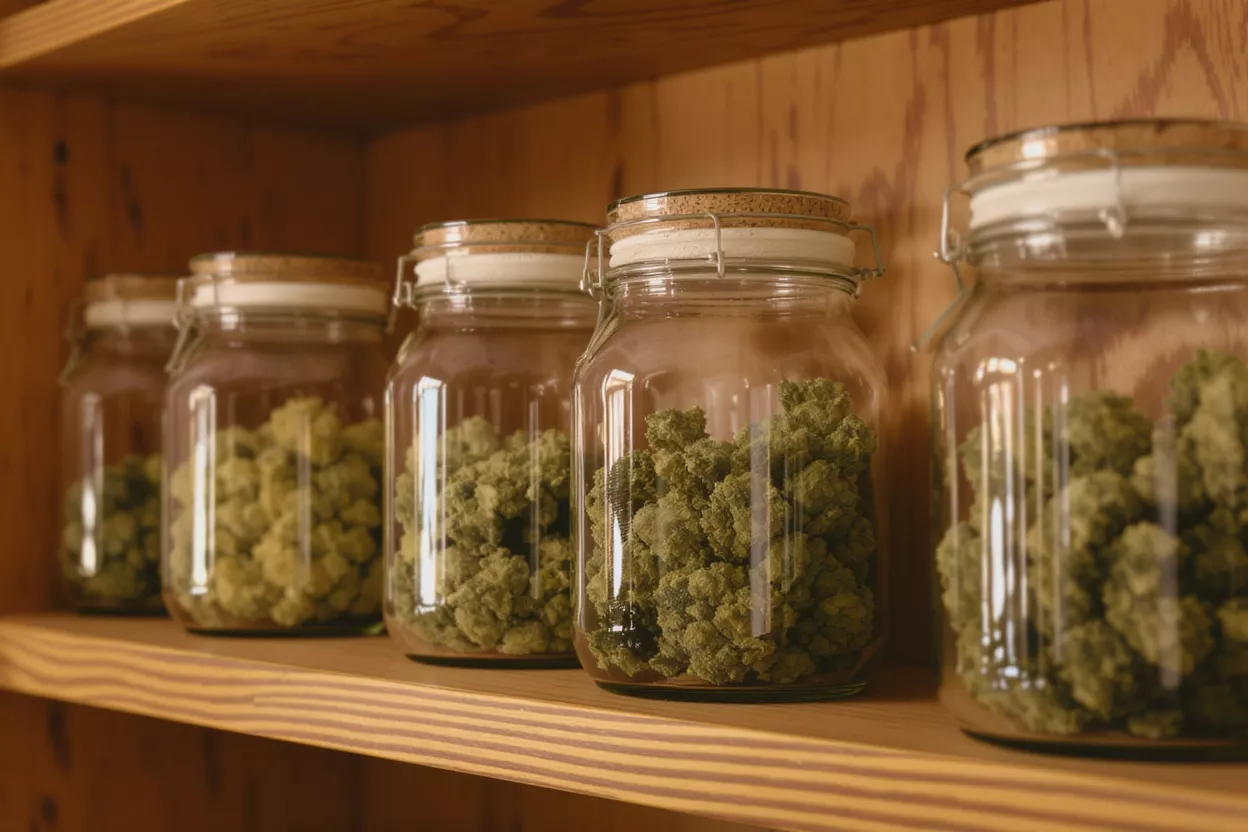 Five glass jars filled with green cannabis buds on a wooden shelf.