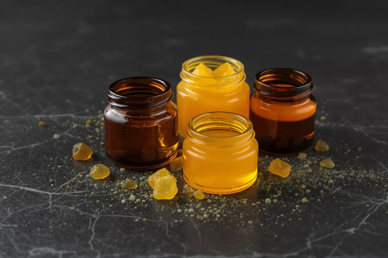 Four small jars of honey and propolis on a dark marble surface with granules.
