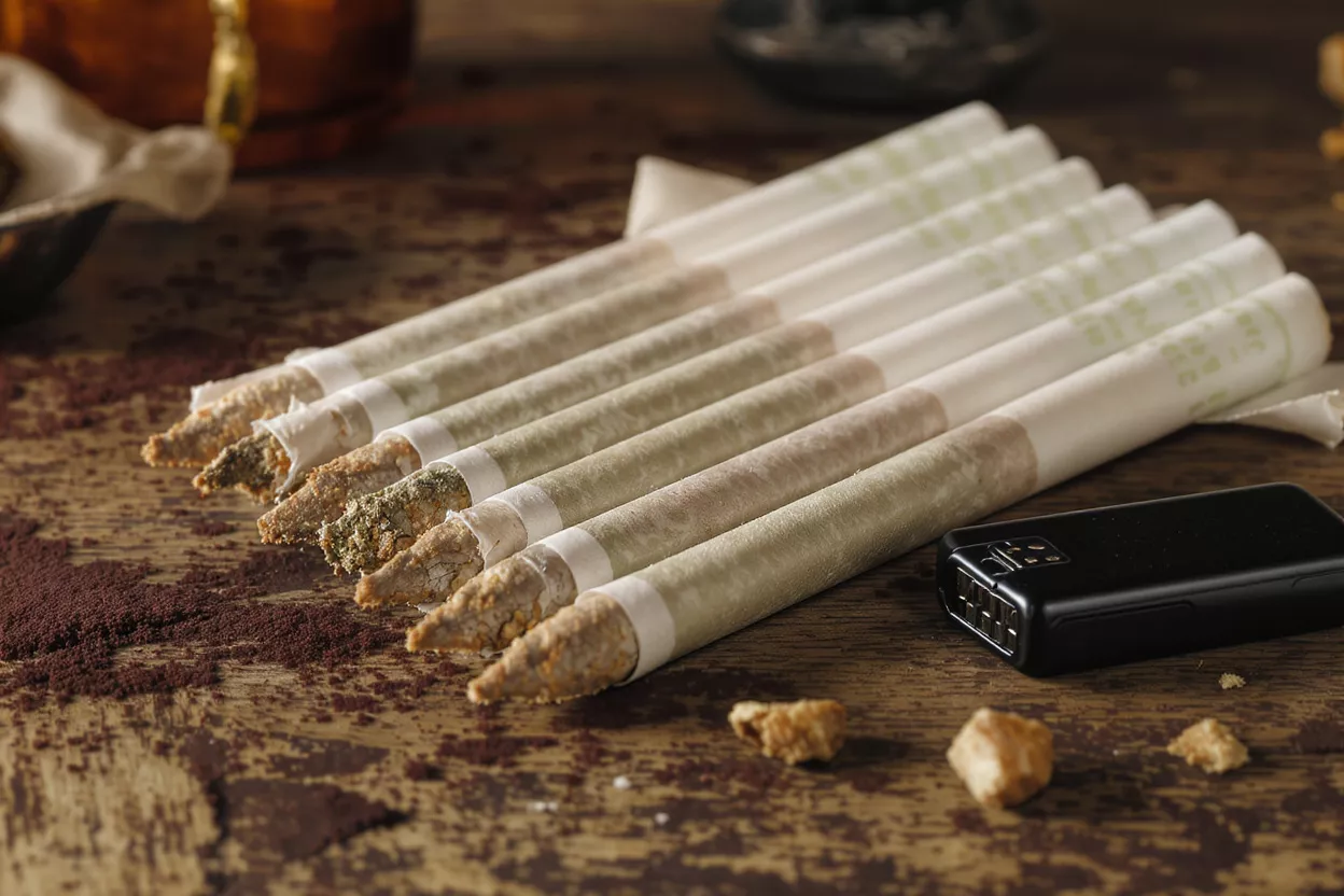 Several herbal rolled sticks on a rustic wooden table with cocoa powder and a lighter.