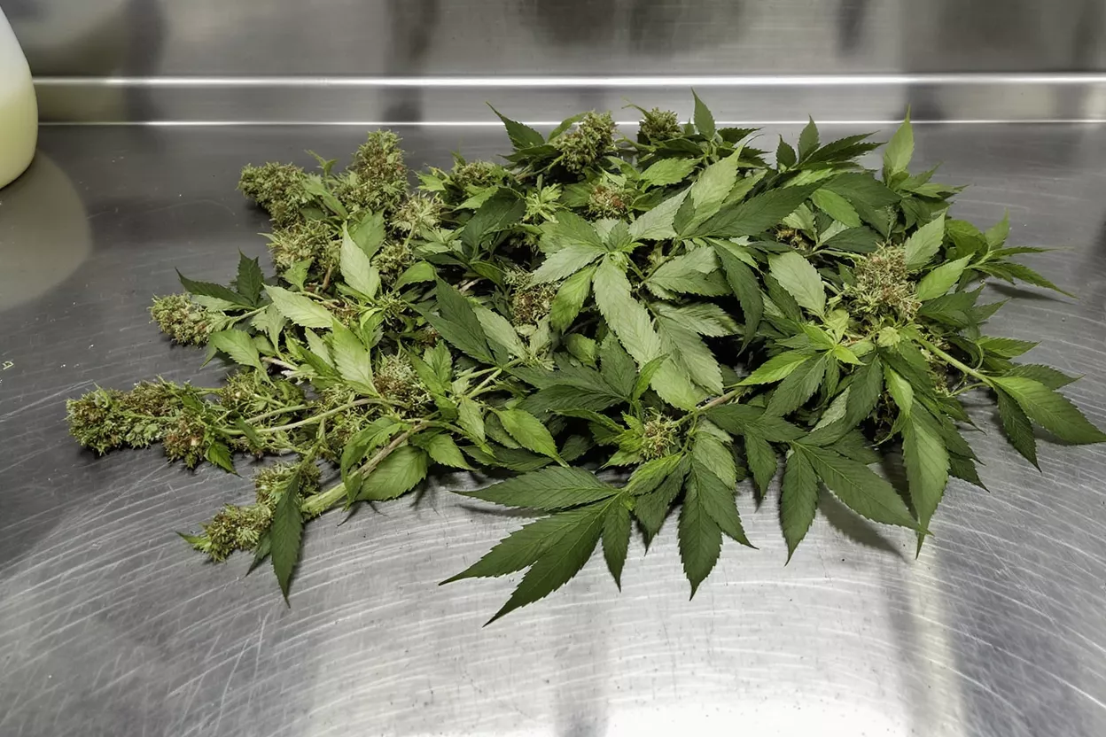 A pile of freshly harvested hemp branches with buds and leaves on a metal surface.