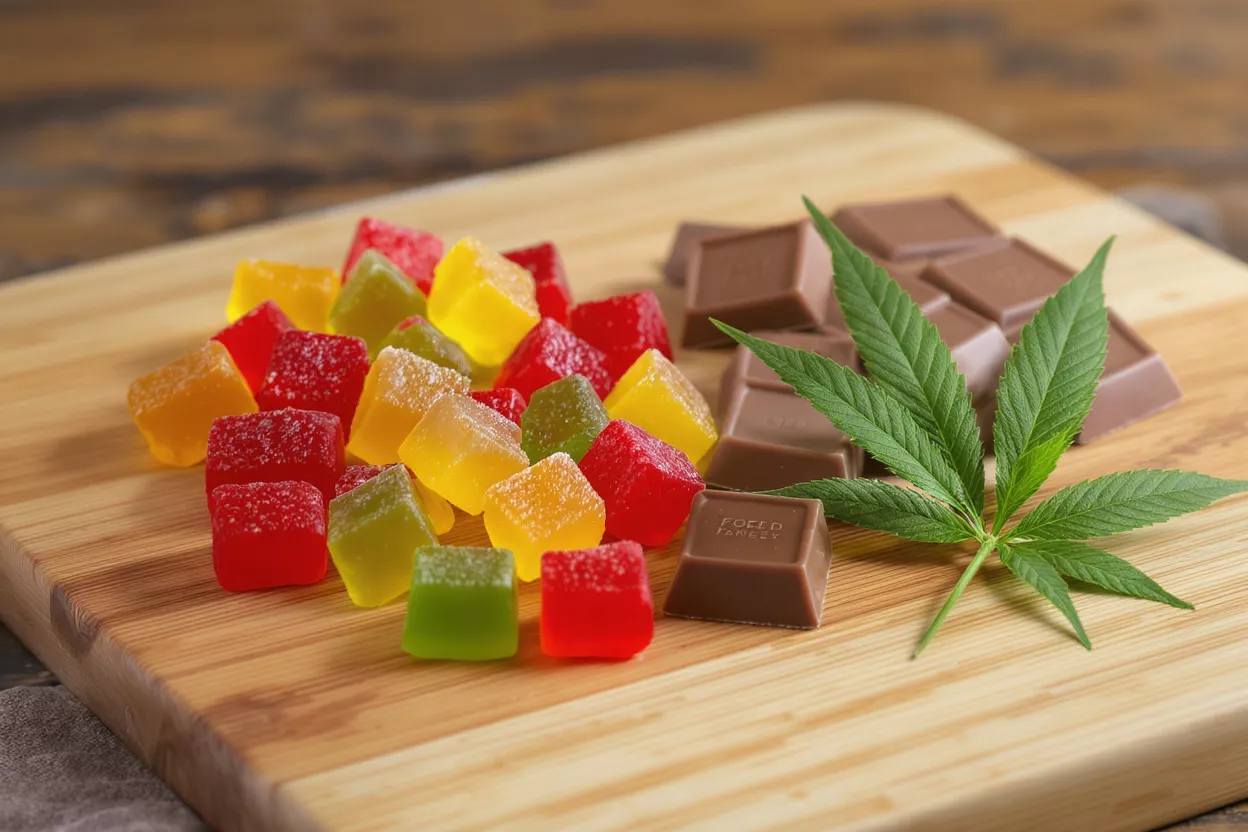 Colorful cannabis gummies, chocolate squares, and a marijuana leaf on a wooden board.