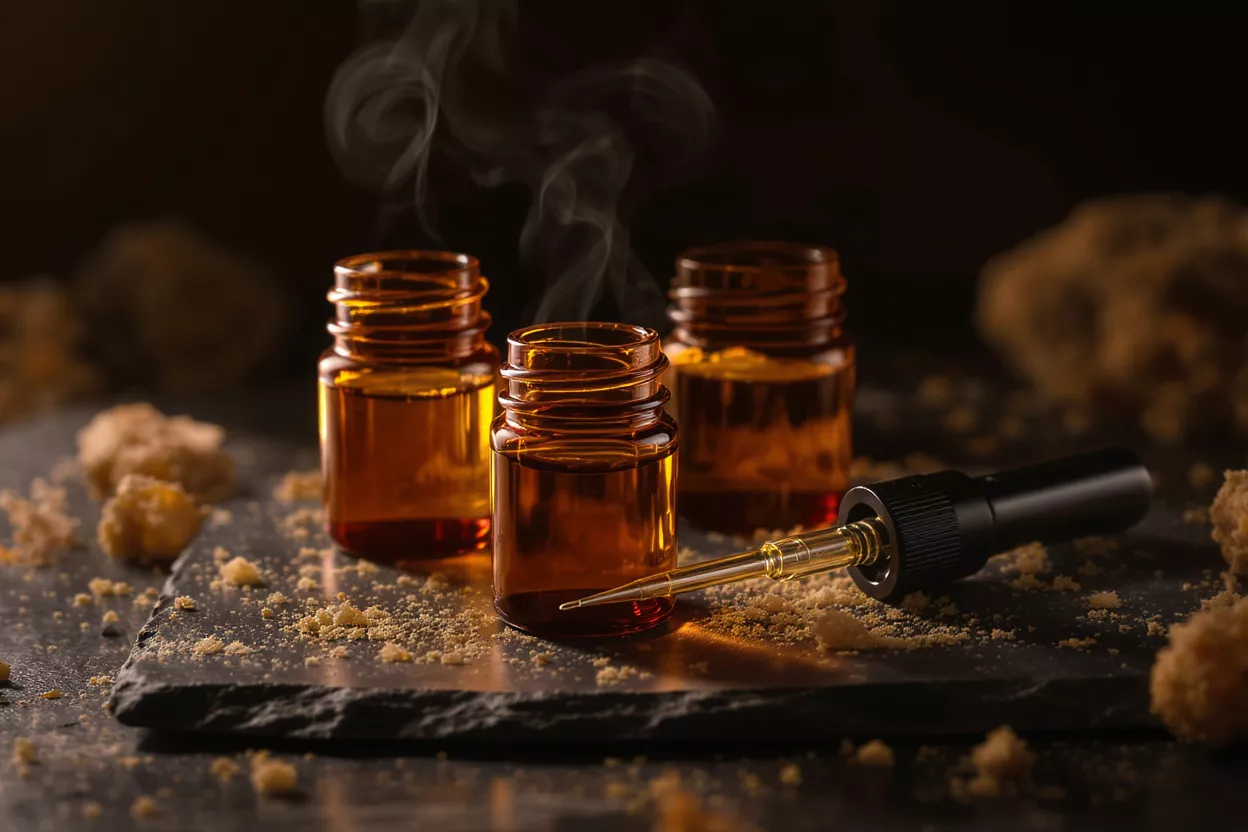 Three amber bottles, a dropper, and smoke on a dark slate with scattered powder.