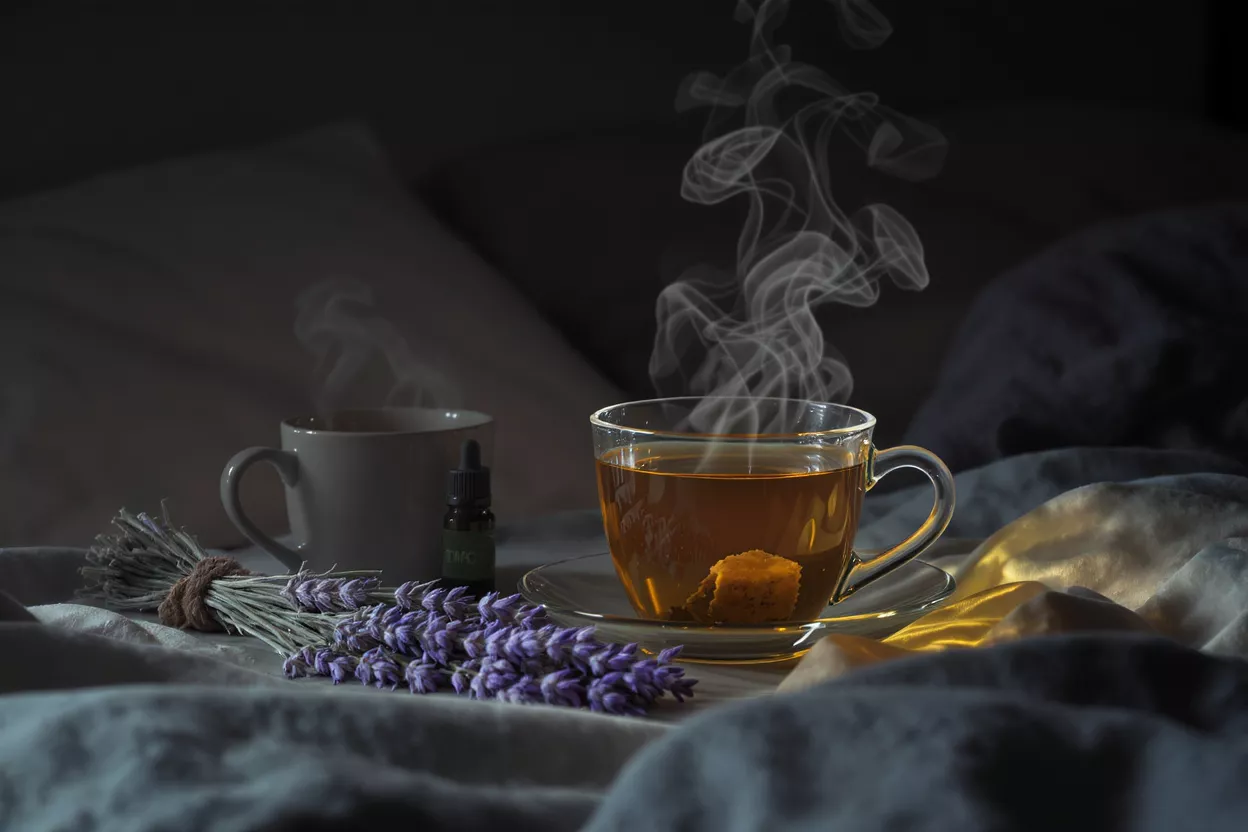 Steaming tea, lavender, and CBD oil on a bed for relaxation.