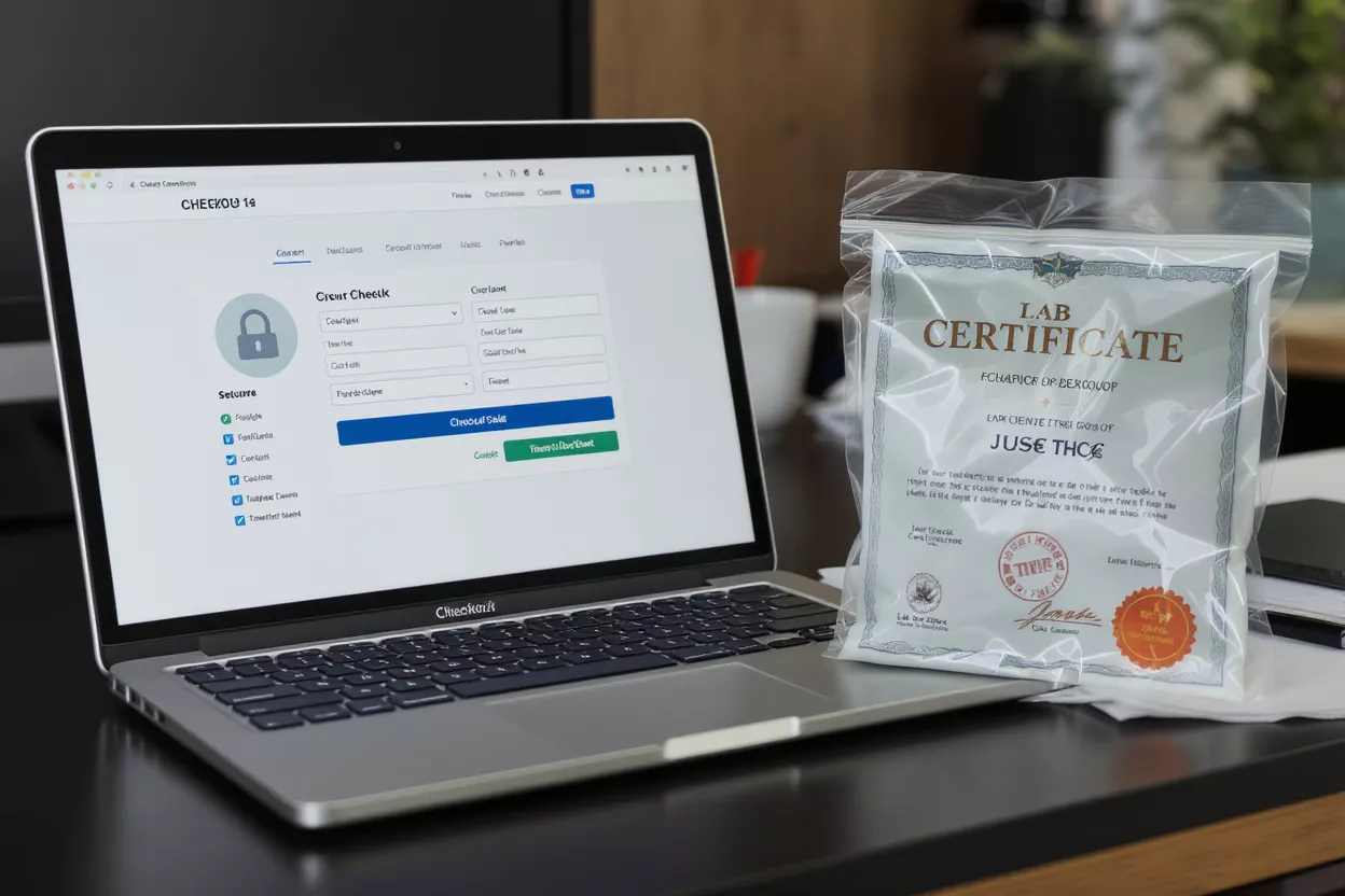 Laptop displaying secure checkout alongside a 'Lab Certificate' in a plastic bag.
