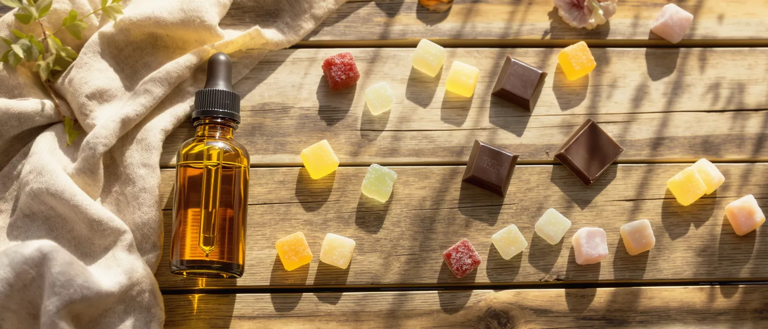 CBD oil bottle, colorful gummies, and chocolate squares on a wooden table.