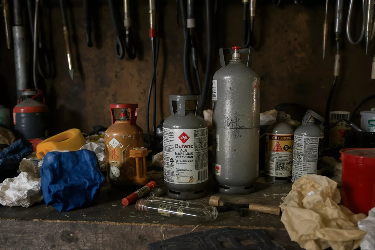 A cluttered workshop bench with various gas canisters, tools, and miscellaneous items.