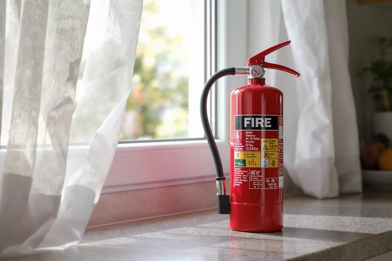 A red fire extinguisher sits on a counter by a window with white curtains.