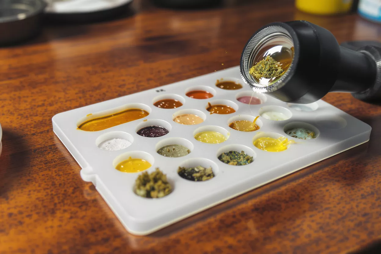 A white palette with various cannabis samples and a magnifying glass pouring liquid.