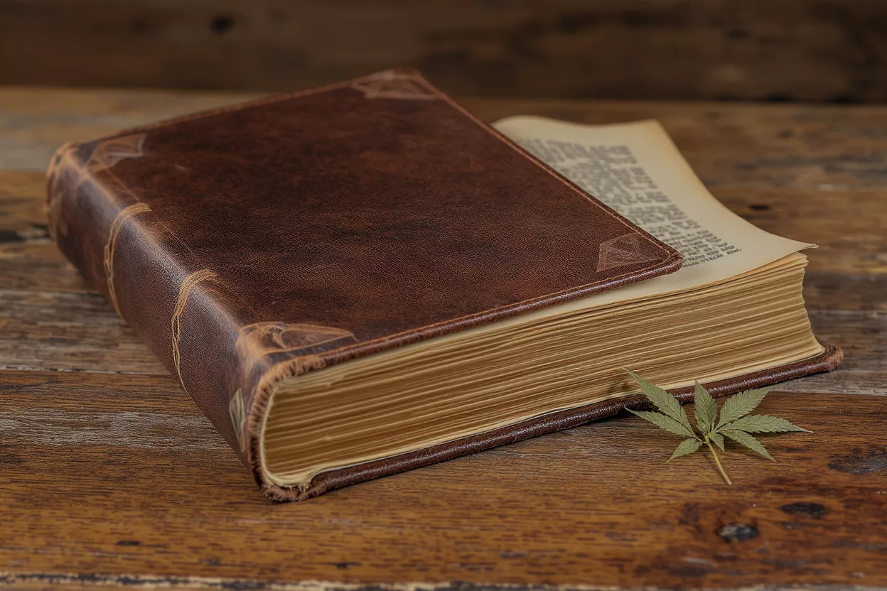 Old leather-bound book with a cannabis leaf on a rustic wooden table.