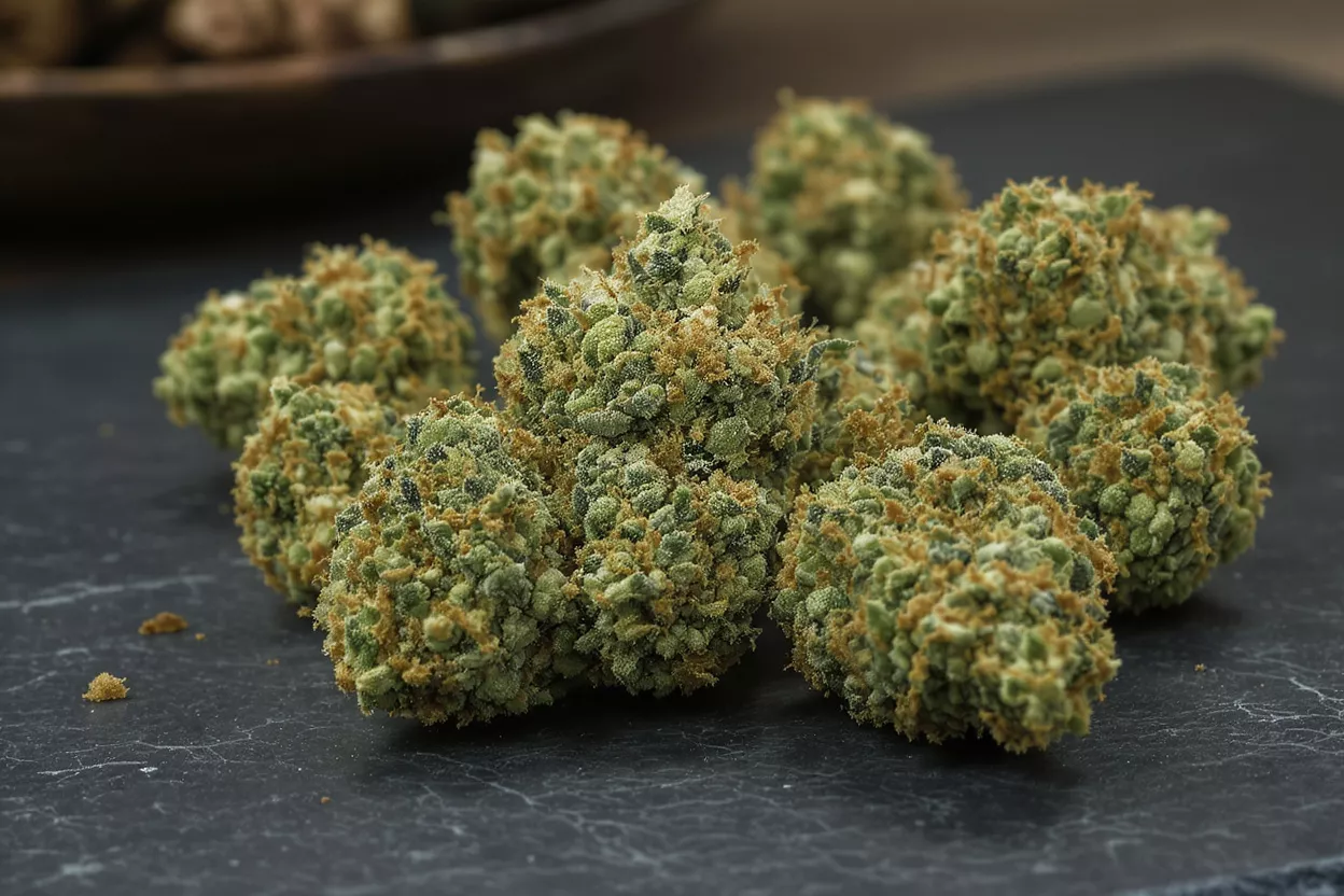 Close-up of several green and orange cannabis buds on a dark surface.