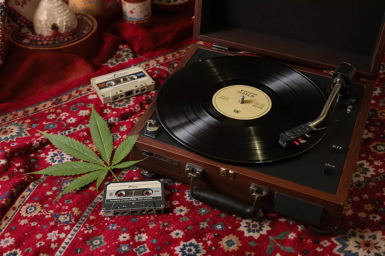 A cannabis leaf, cassette tapes, and a record player on a red patterned rug.