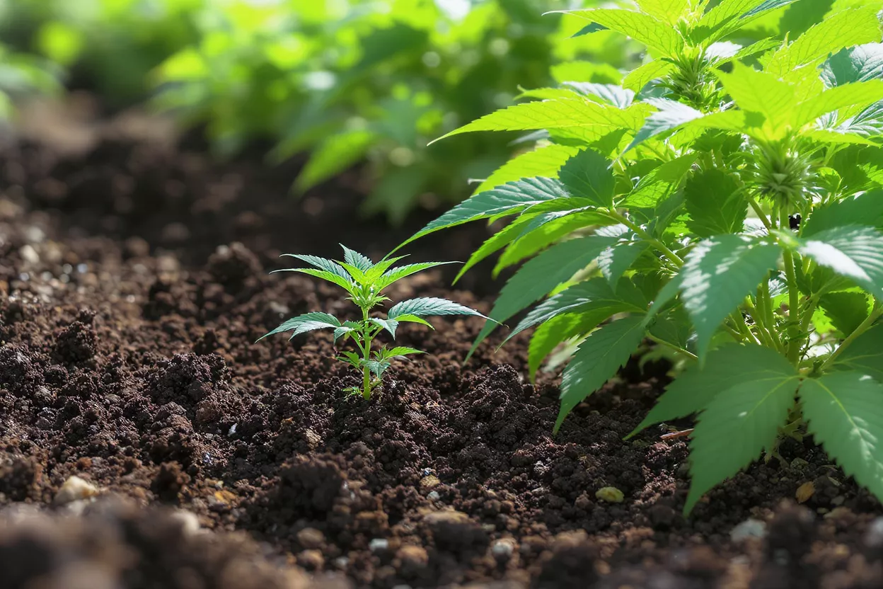 Small cannabis seedling growing next to larger, mature cannabis plants in rich soil.