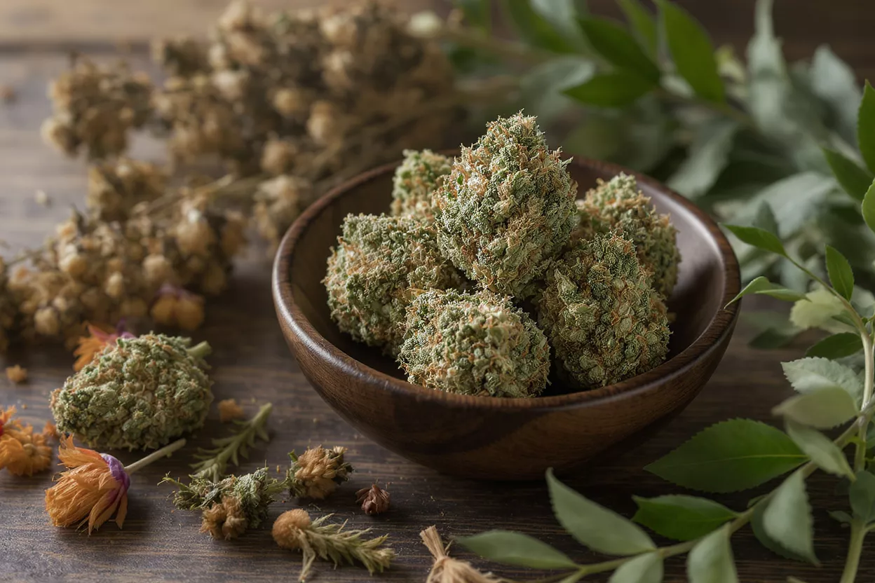 Close-up of cannabis buds in a wooden bowl with dried plants and leaves.