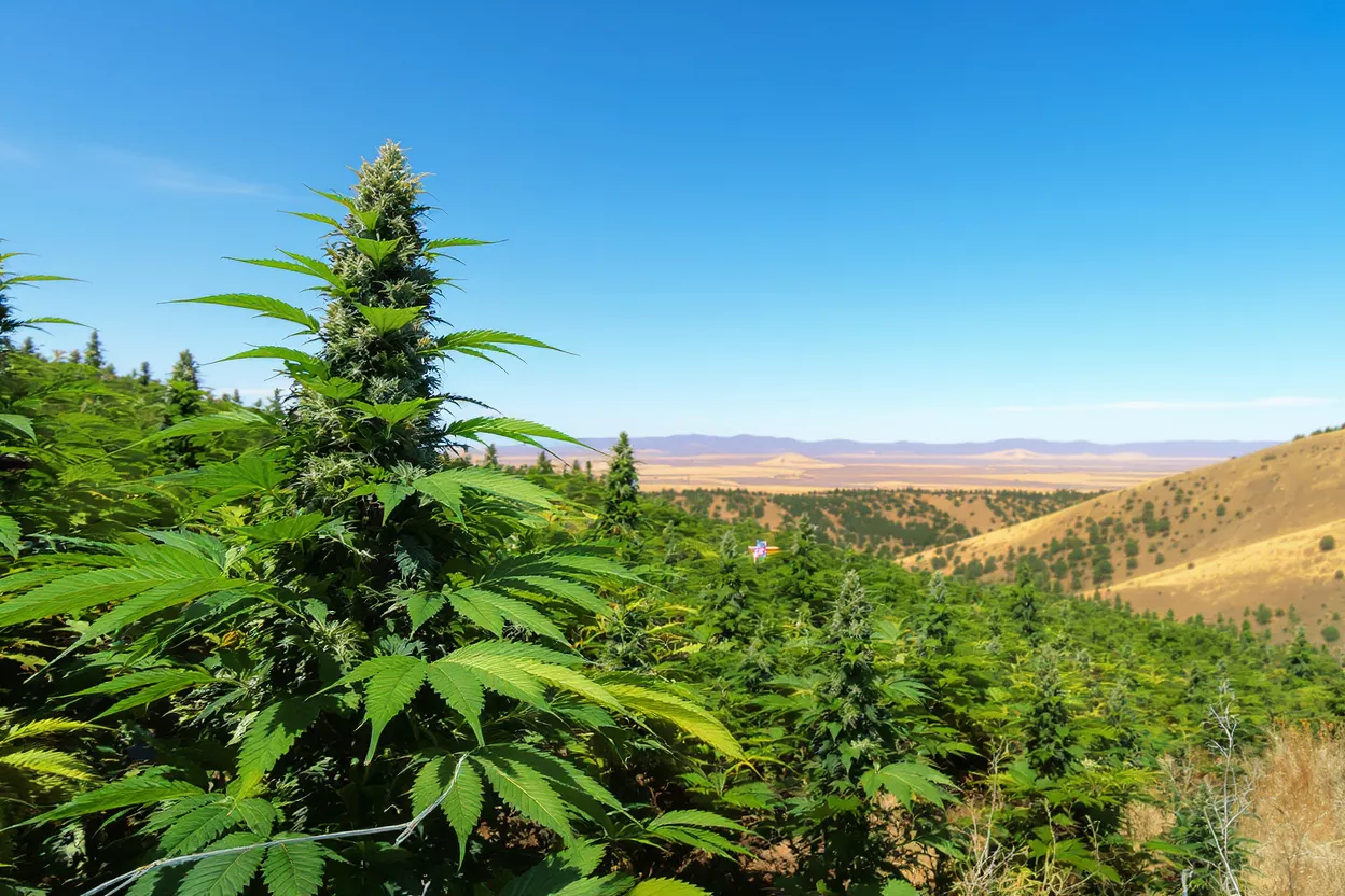 Lush green cannabis plants growing on a hillside under a clear blue sky.
