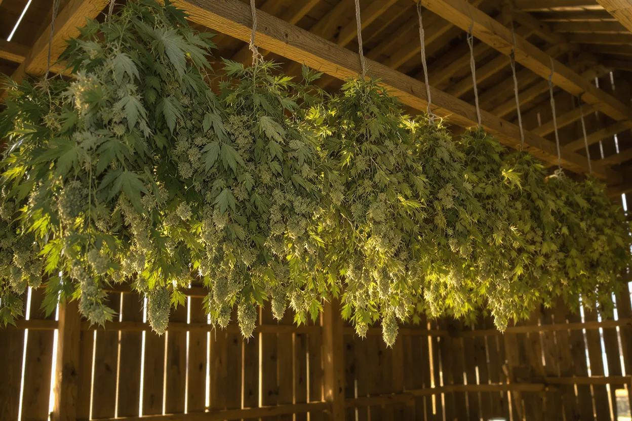 Several cannabis plants hang upside down to dry in a rustic wooden barn.