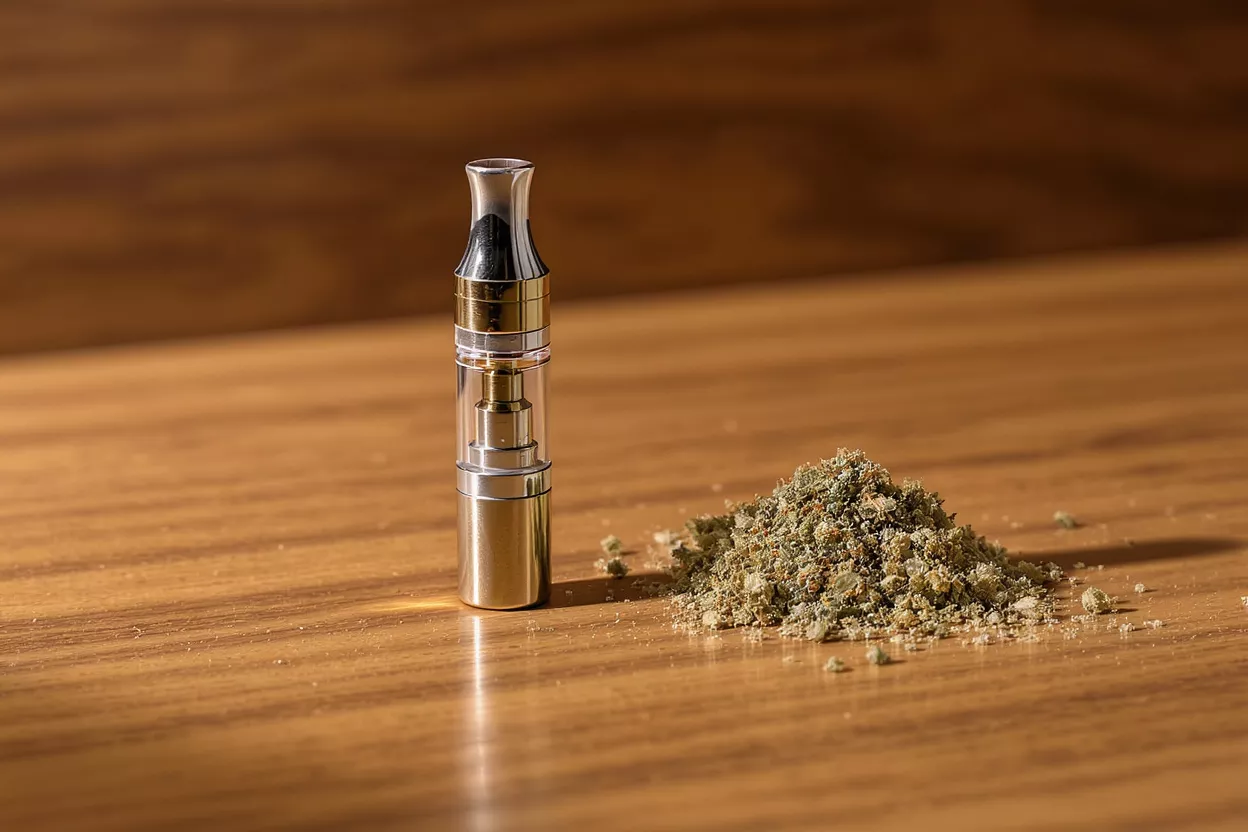 A gold and clear vape pen stands next to a pile of ground dried herbs.