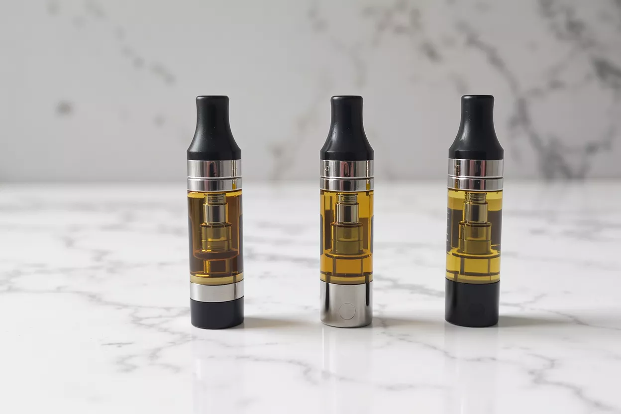 Three vape cartridges with amber liquid and black tips on a white marble surface.