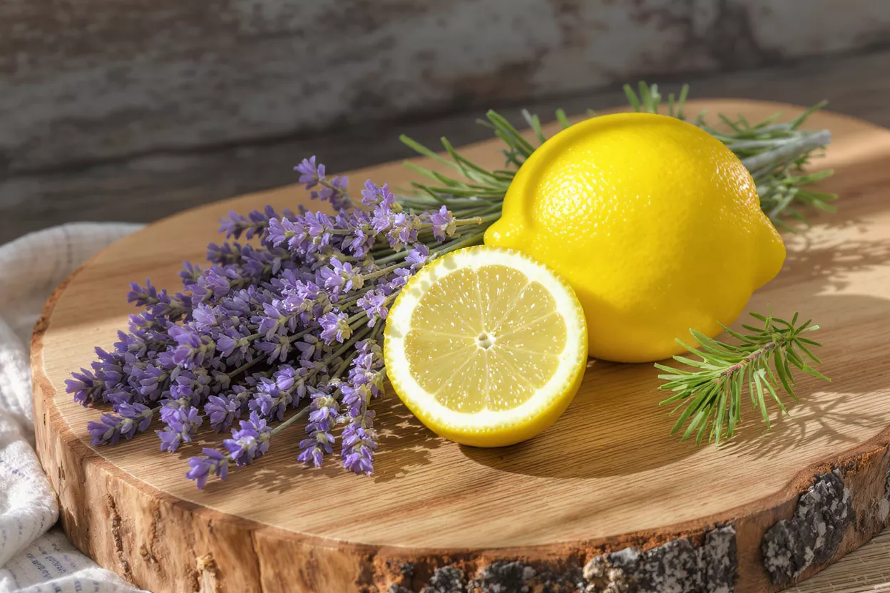 Lavender, whole lemon, half lemon, and rosemary on a wooden board.