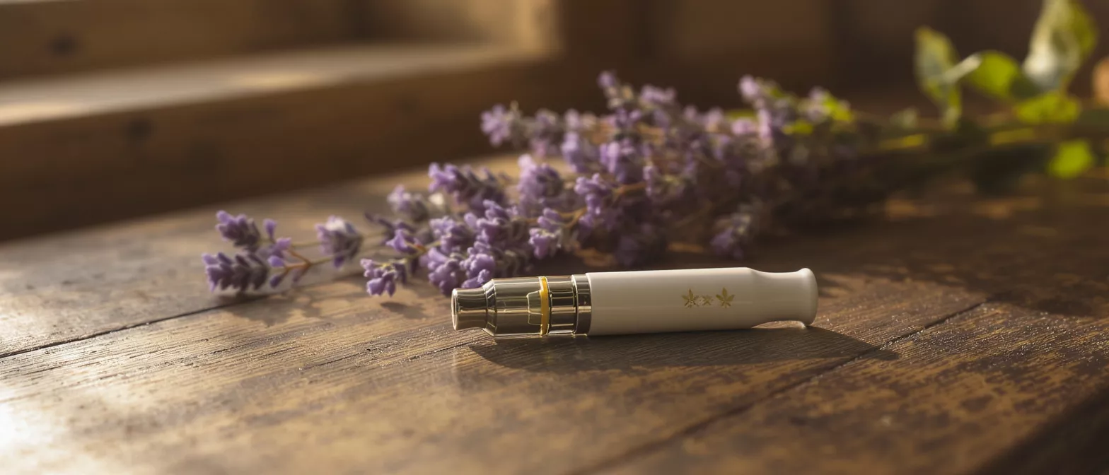 White and gold cannabis vape pen with lavender on a rustic wooden surface.
