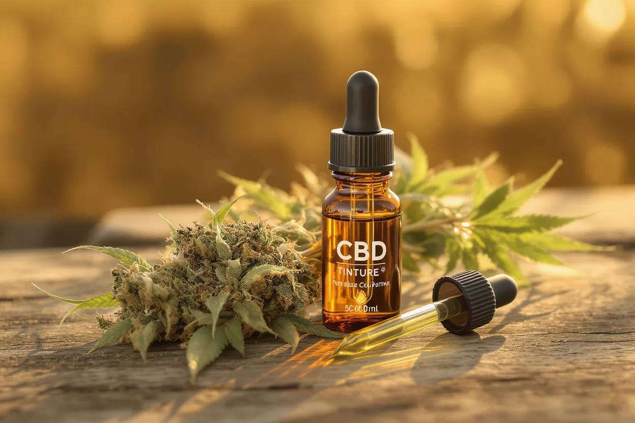 CBD Tincture with Cannabis Flower CBD tincture bottle, dropper, and cannabis flower bud on a wooden surface.