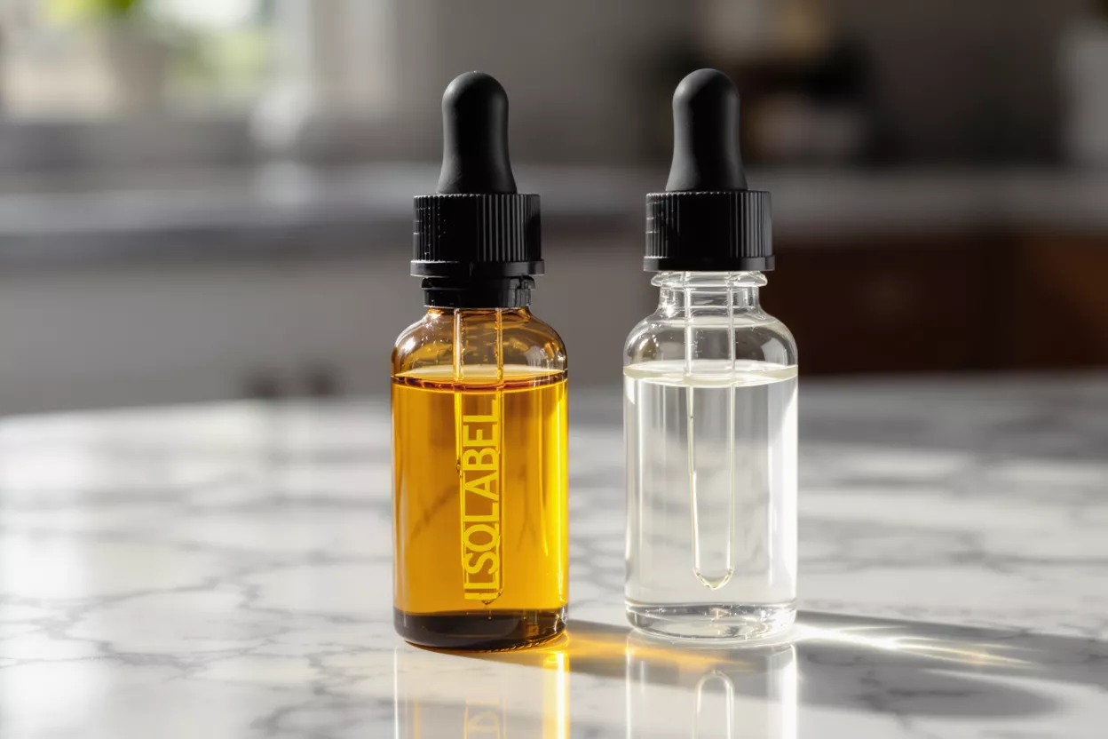 ISOLABEL CBD Oil Comparison Two dropper bottles, one amber with yellow liquid, one clear with transparent liquid.