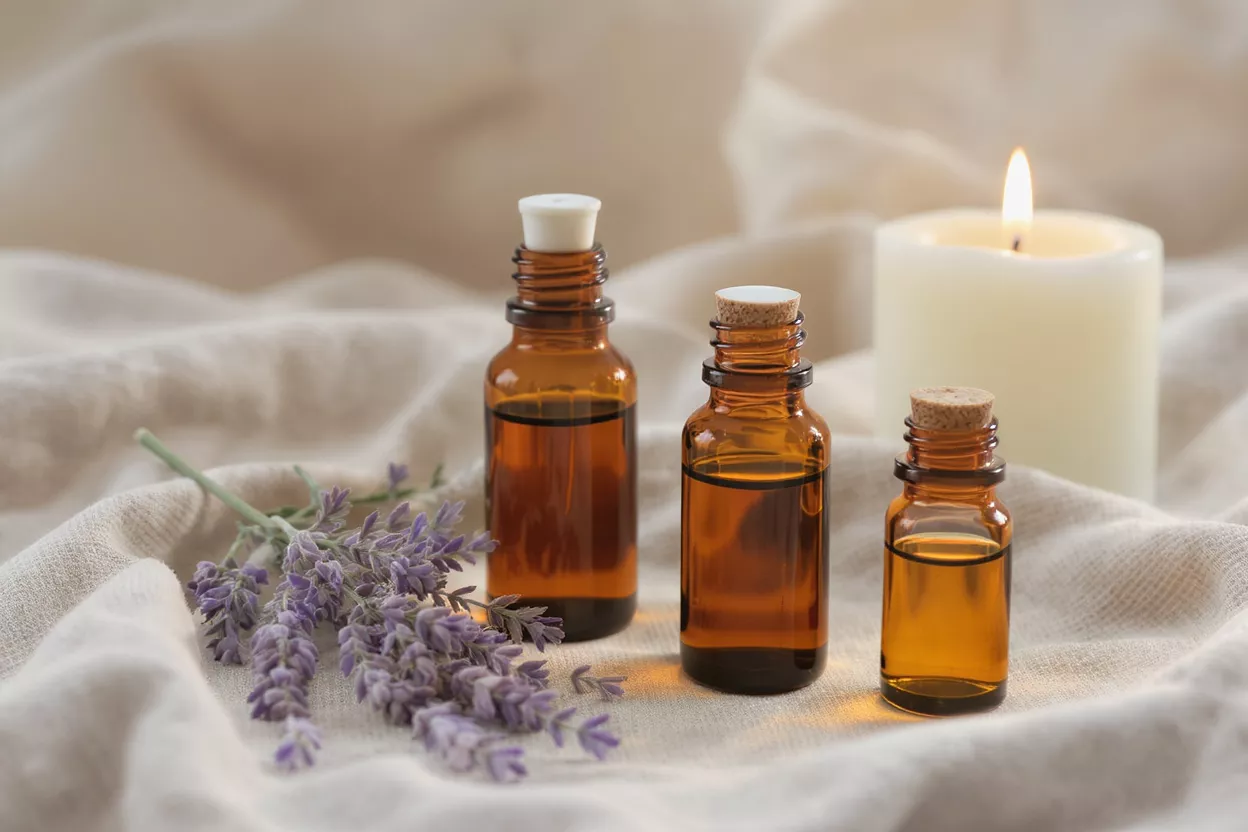 Lavender Essential Oil and Candle Three amber essential oil bottles, lavender sprig, and lit candle on fabric.