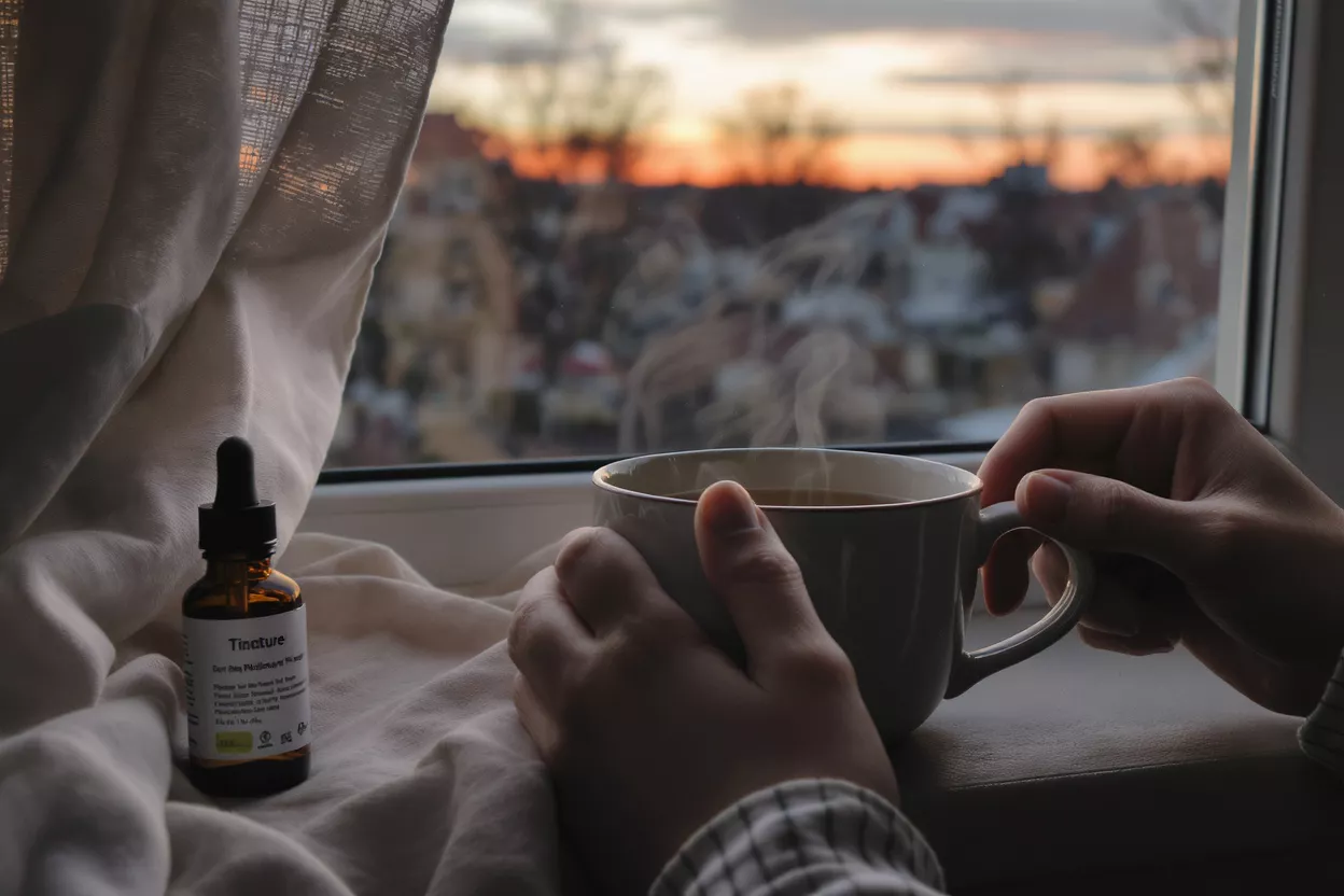 Tincture and Tea at Sunset Hands holding a steaming mug next to a tincture bottle by a window at sunset.