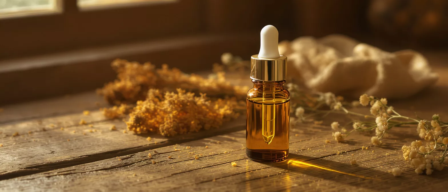 Amber dropper bottle with oil on rustic wood, surrounded by dried herbs.