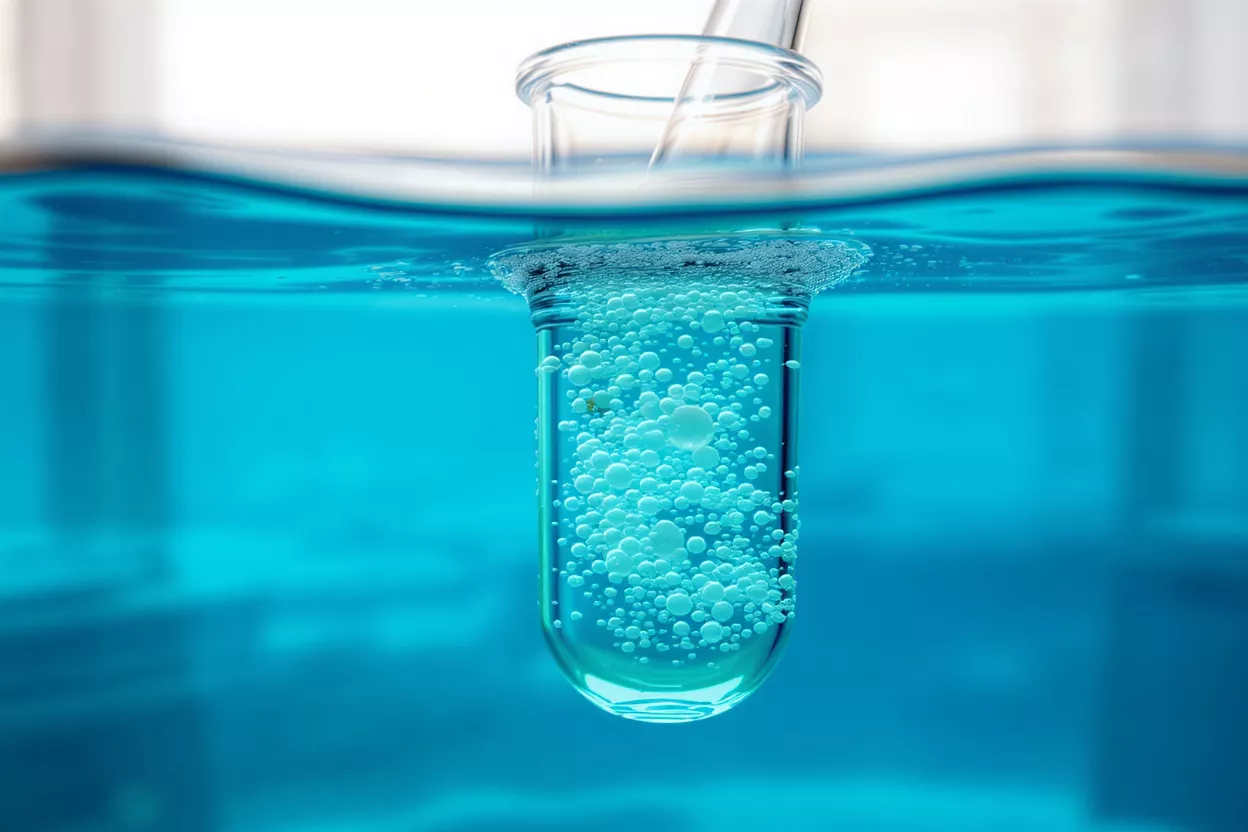 A test tube submerged in blue liquid, filled with numerous light blue bubbles.