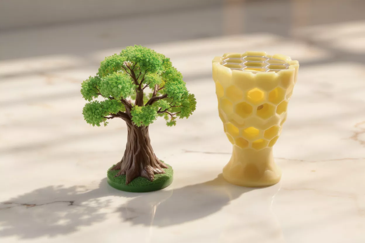 Miniature tree and honeycomb-patterned vase on a marble surface.
