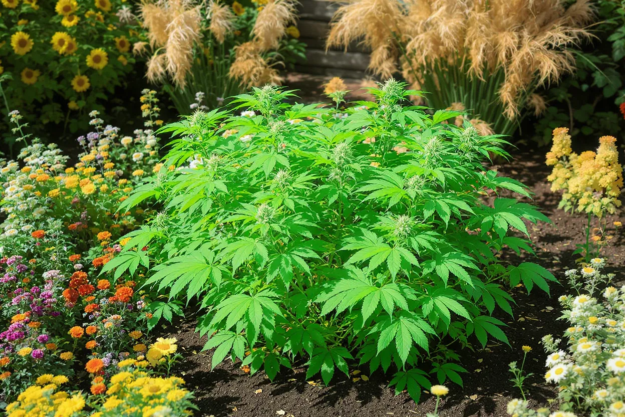 A vibrant cannabis plant with developing buds surrounded by colorful garden flowers.
