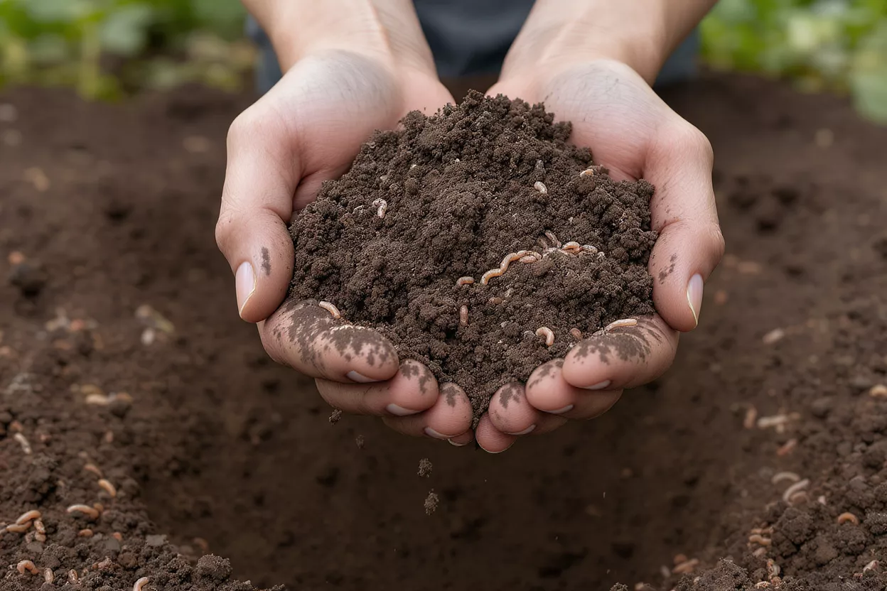 Close-up of hands holding dark soil filled with numerous small, pale maggots.