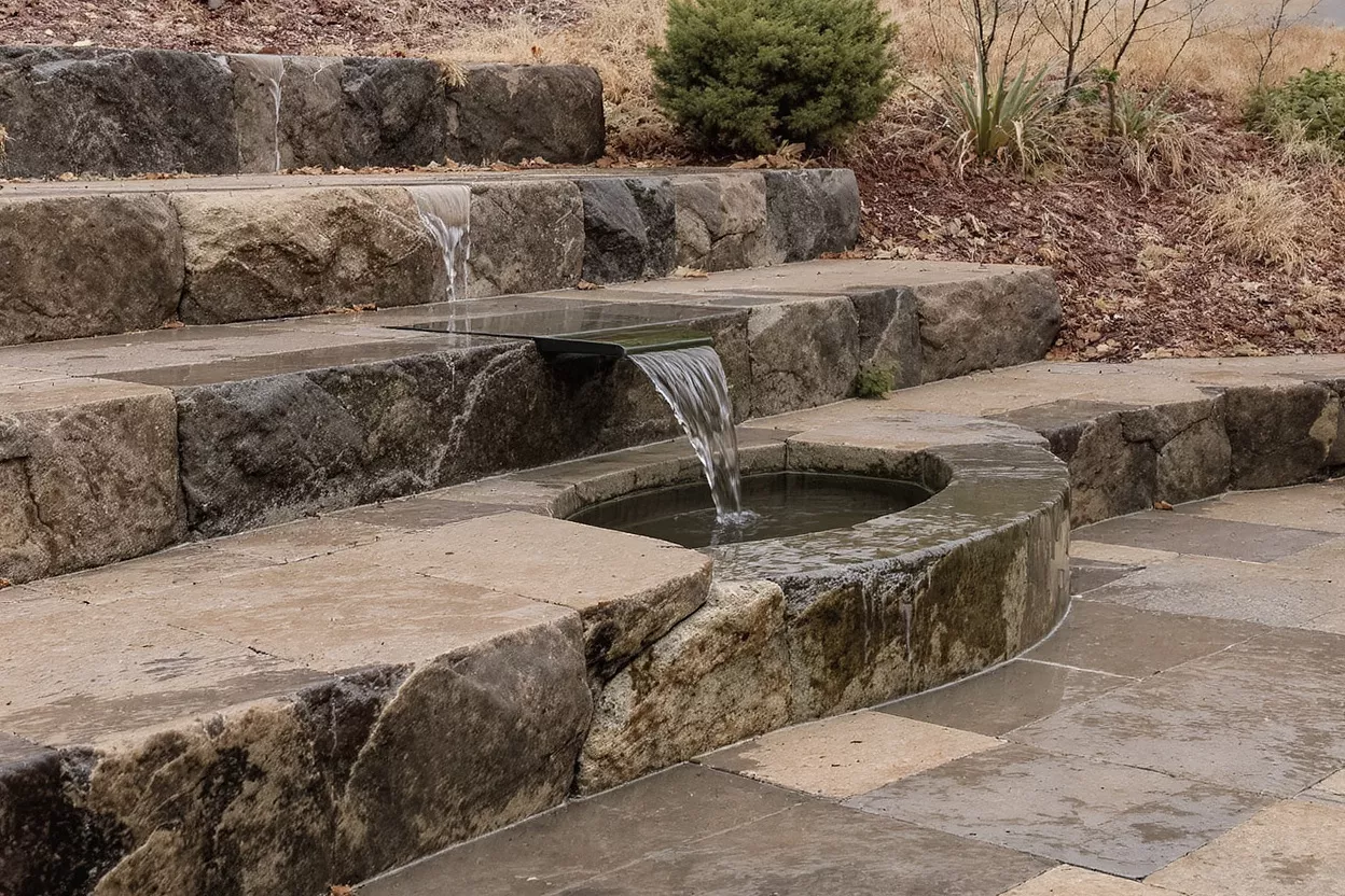 Tiered stone waterfall with water flowing into a circular basin in a garden.