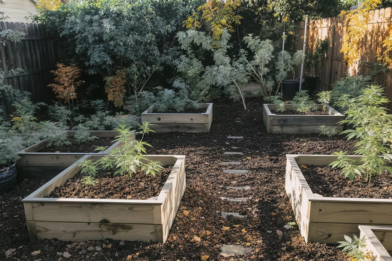 A backyard garden with multiple raised wooden beds and stepping stones.