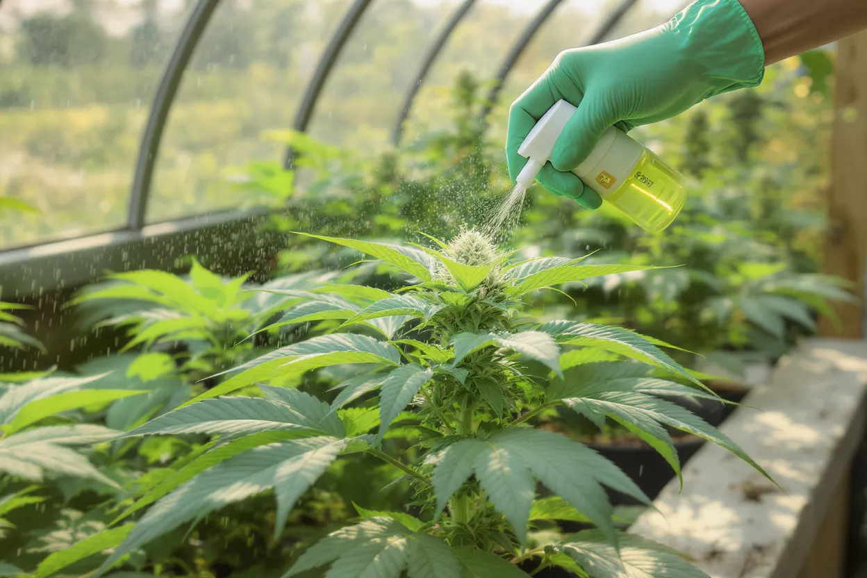Pulverización de planta de cannabis en invernadero Mano con guante pulverizando una planta de cannabis con un rociador en un invernadero luminoso.