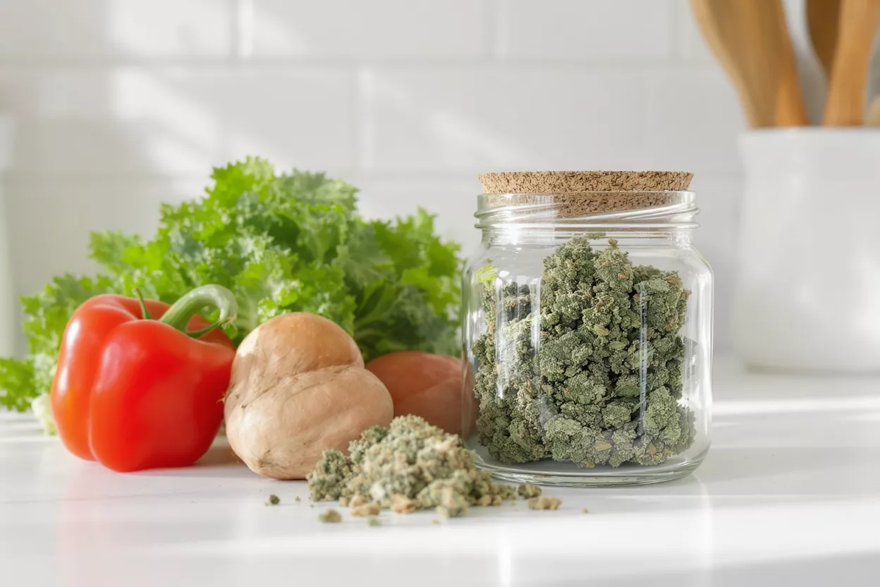 Capullos de cannabis y productos frescos Un frasco de capullos de cannabis junto a verduras frescas en una encimera blanca.