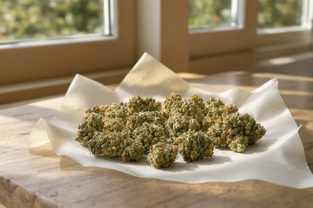 Cogollos de cannabis a la luz del sol Primer plano de cogollos de cannabis sobre papel pergamino bajo la luz solar natural junto a una ventana.