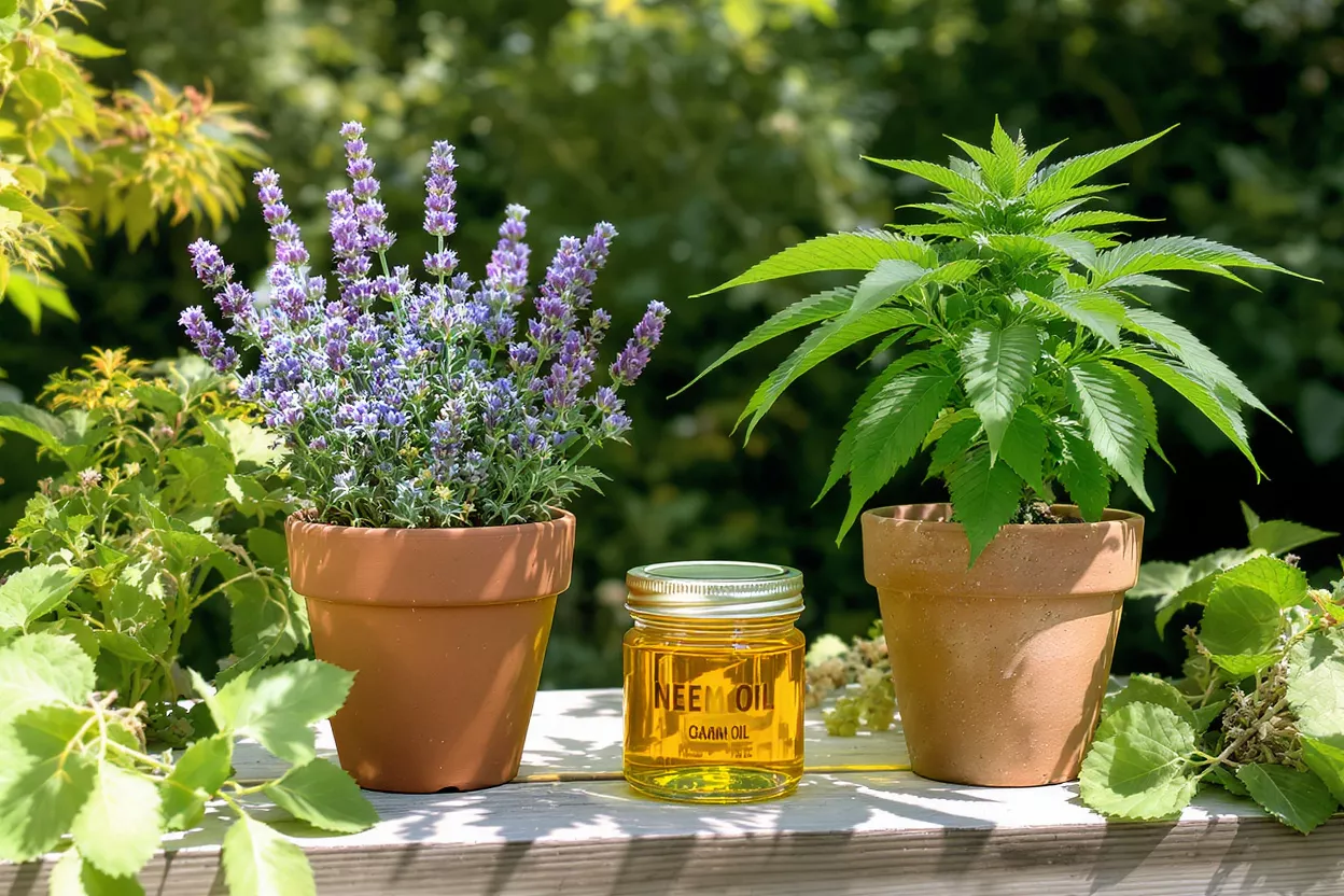 Aceite de Neem con Lavanda y Cannabis Frasco de aceite de neem entre plantas de lavanda y cannabis en maceta sobre una superficie de madera.