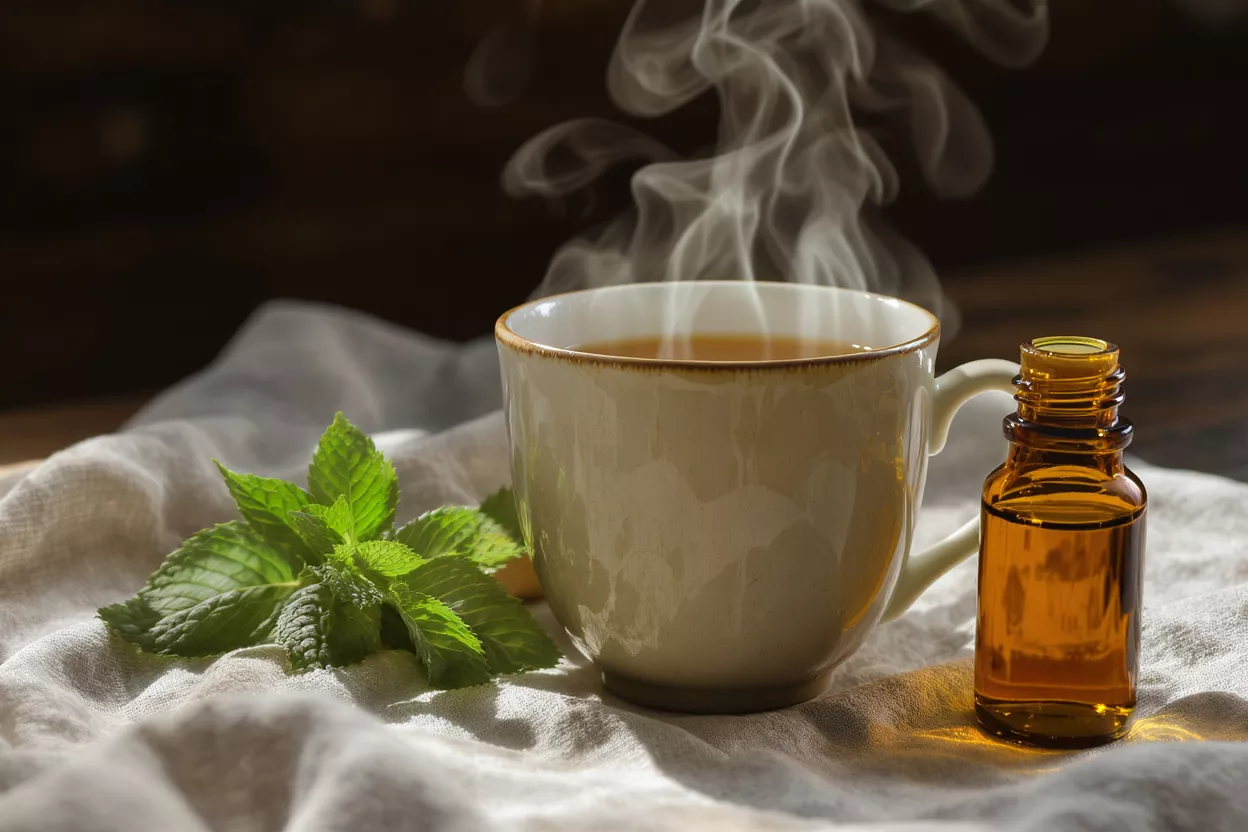 Steaming cup of mint tea, fresh mint leaves, and a small amber essential oil bottle.