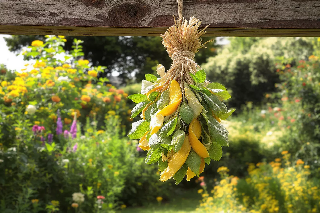 A bundle of dried herbs and lemon peels hanging in a vibrant garden.