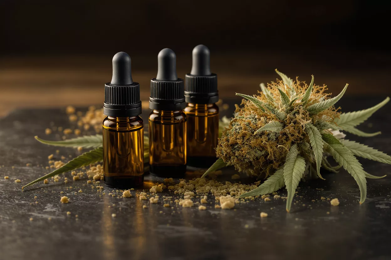 Three amber CBD oil bottles with droppers, cannabis flower, and leaves on dark surface.