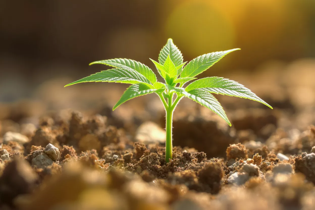 Close-up of a vibrant green cannabis seedling growing in rich brown soil.