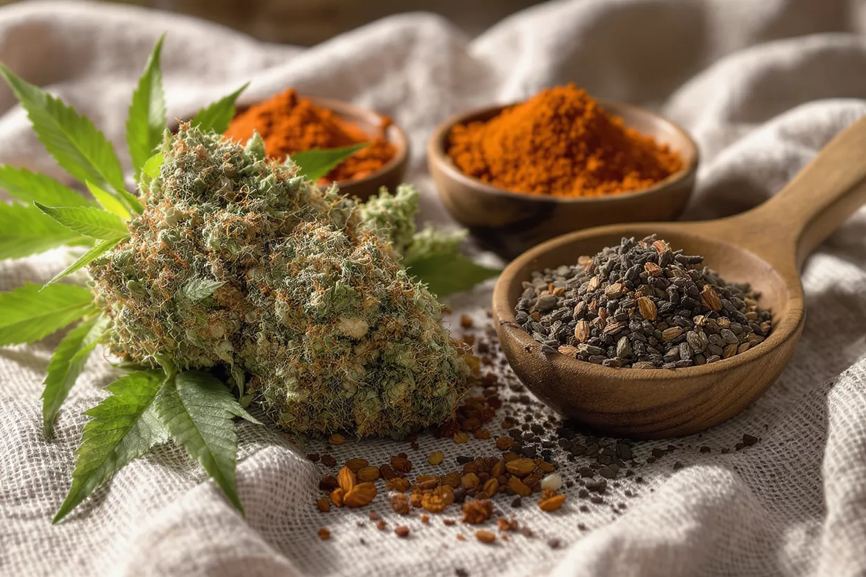 Close-up of cannabis bud, red spices, and seeds on a linen cloth.