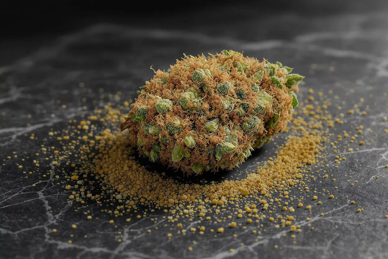 Close-up of a cannabis bud covered in kief on a dark background.