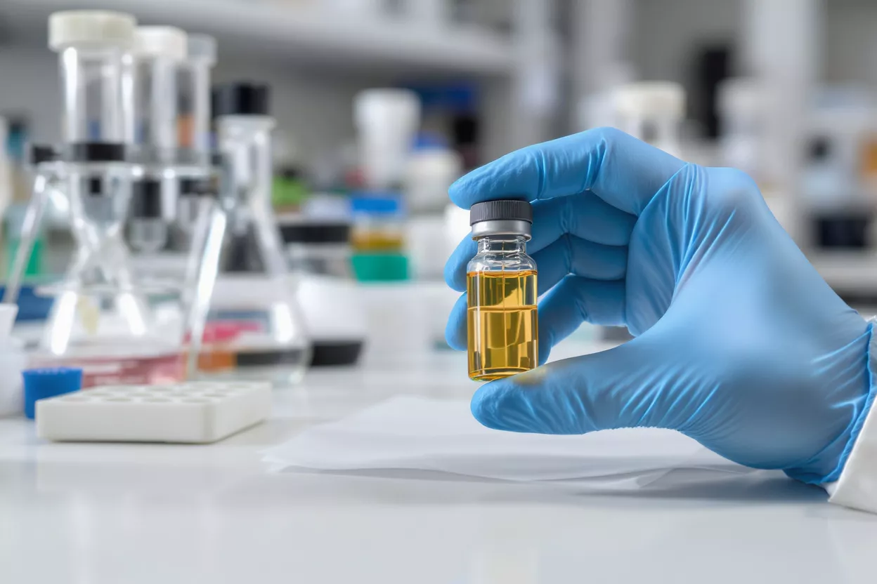 Gloved hand holding a vial with yellow liquid in a laboratory setting.