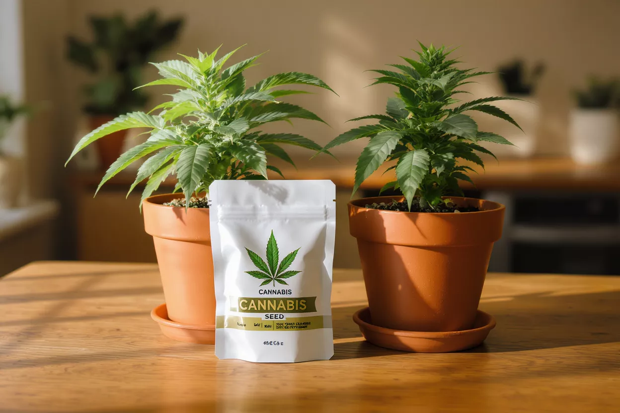 Cannabis Seed Package with Potted Plants White cannabis seed package with two potted cannabis plants on a wooden table.