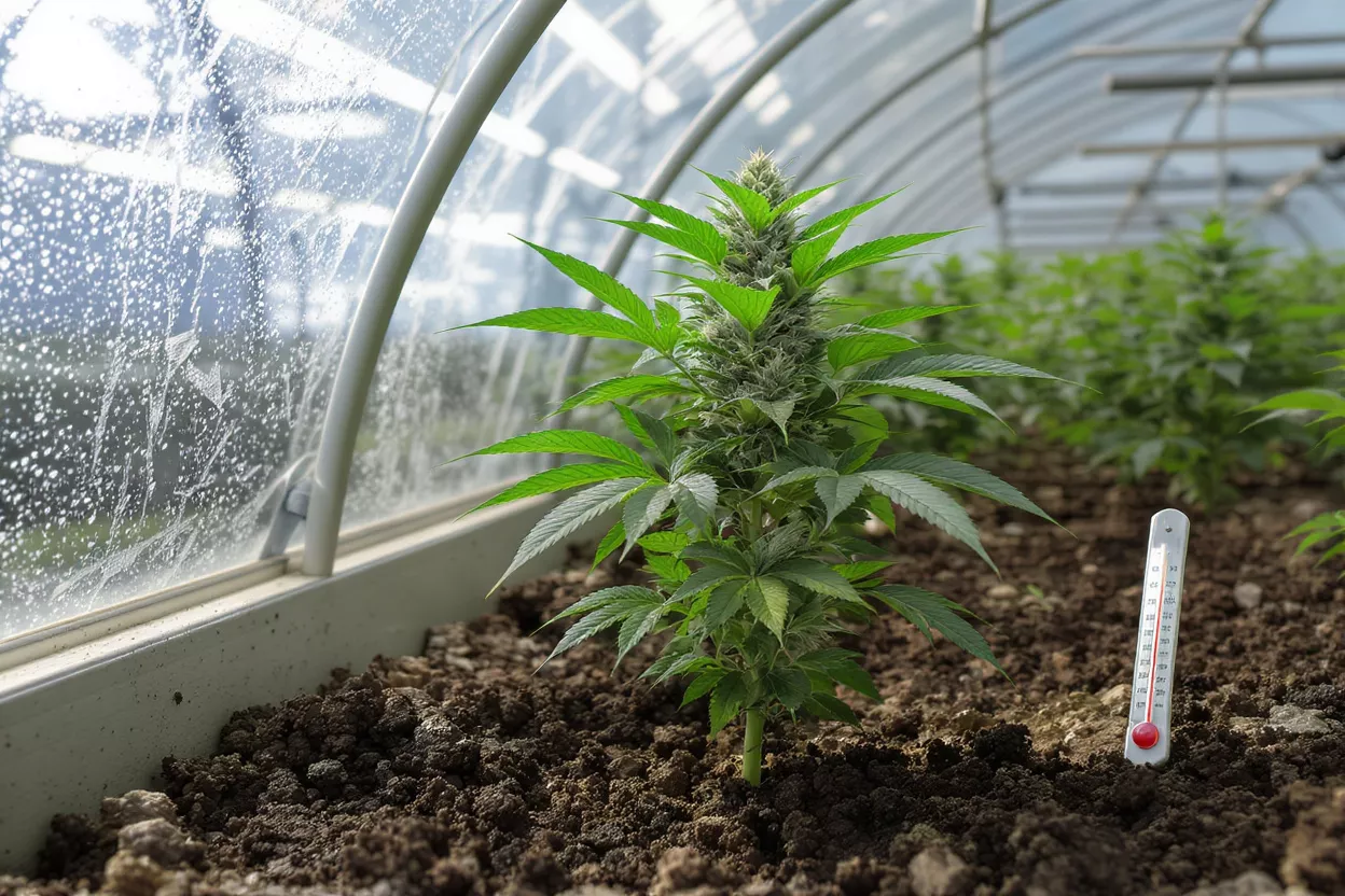 Cannabis Greenhouse Cultivation A cannabis plant growing in a greenhouse with a thermometer in the soil.