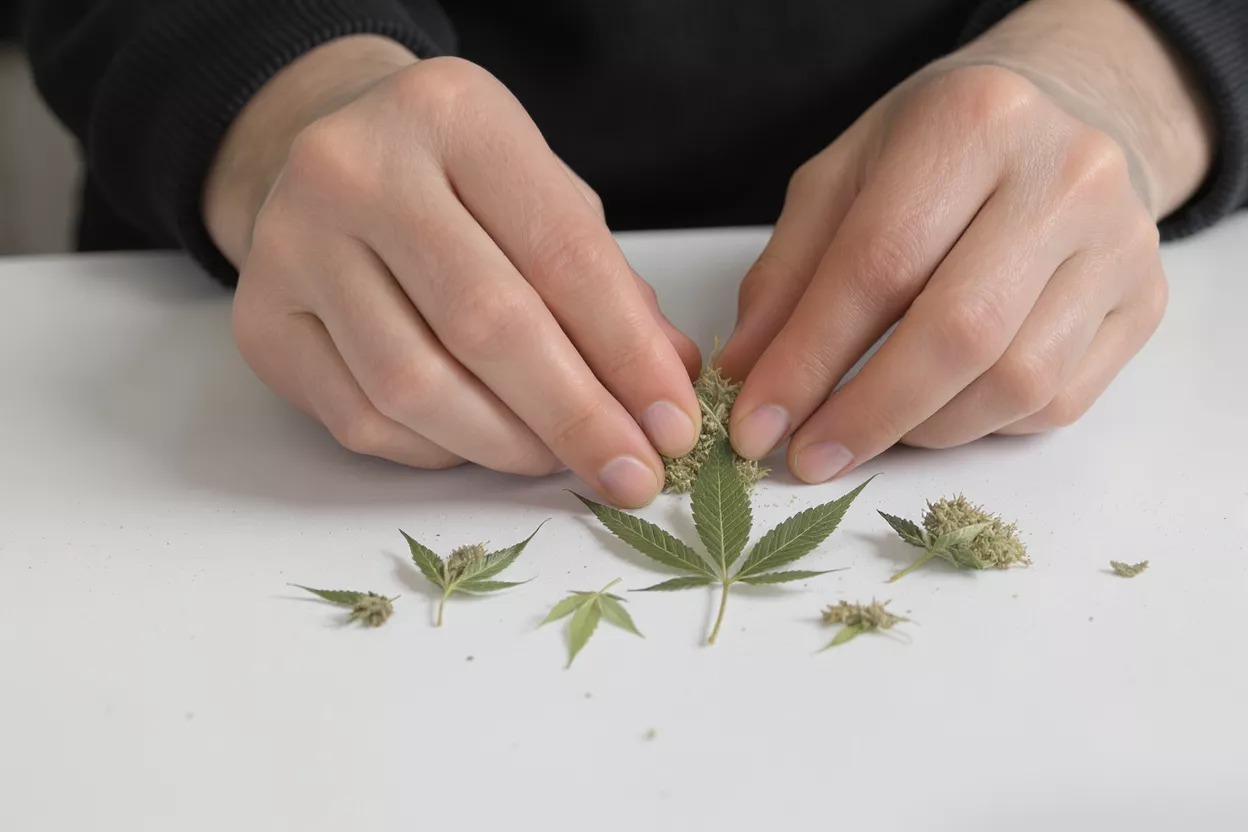 Person Handling Cannabis Buds and Leaves Close-up of hands arranging cannabis buds and leaves on a white surface.