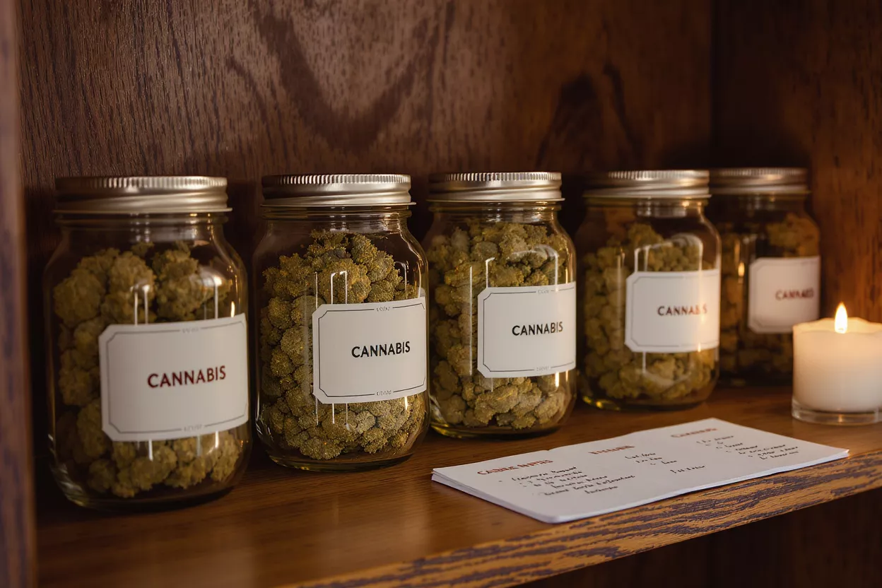 Cannabis Jars on Wooden Shelf Five glass jars labeled 'CANNABIS' filled with green buds on a wooden shelf.