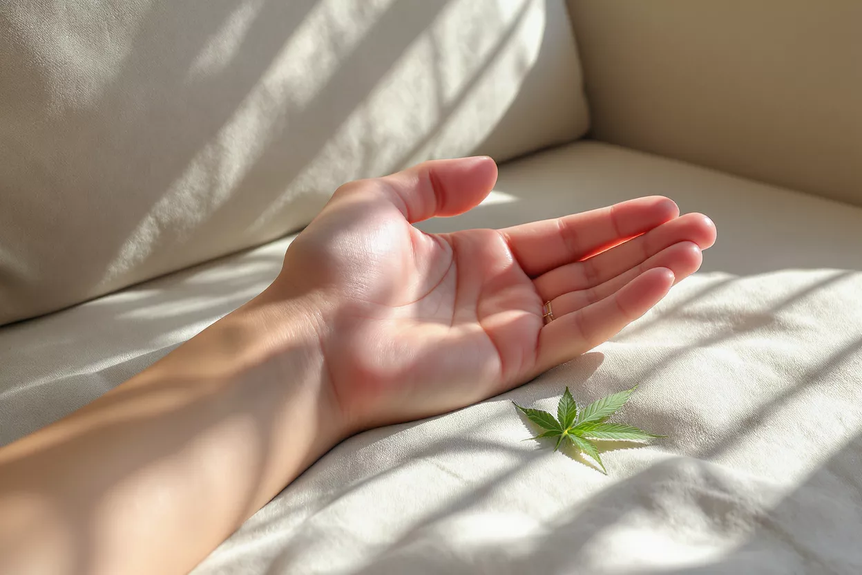 A hand resting beside a small cannabis leaf on a light-colored surface.